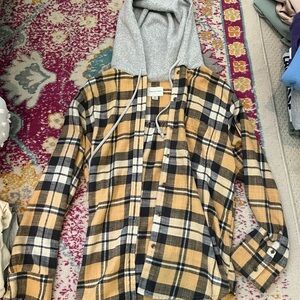 American Eagle Tan Plaid Shirt with Gray Hood
